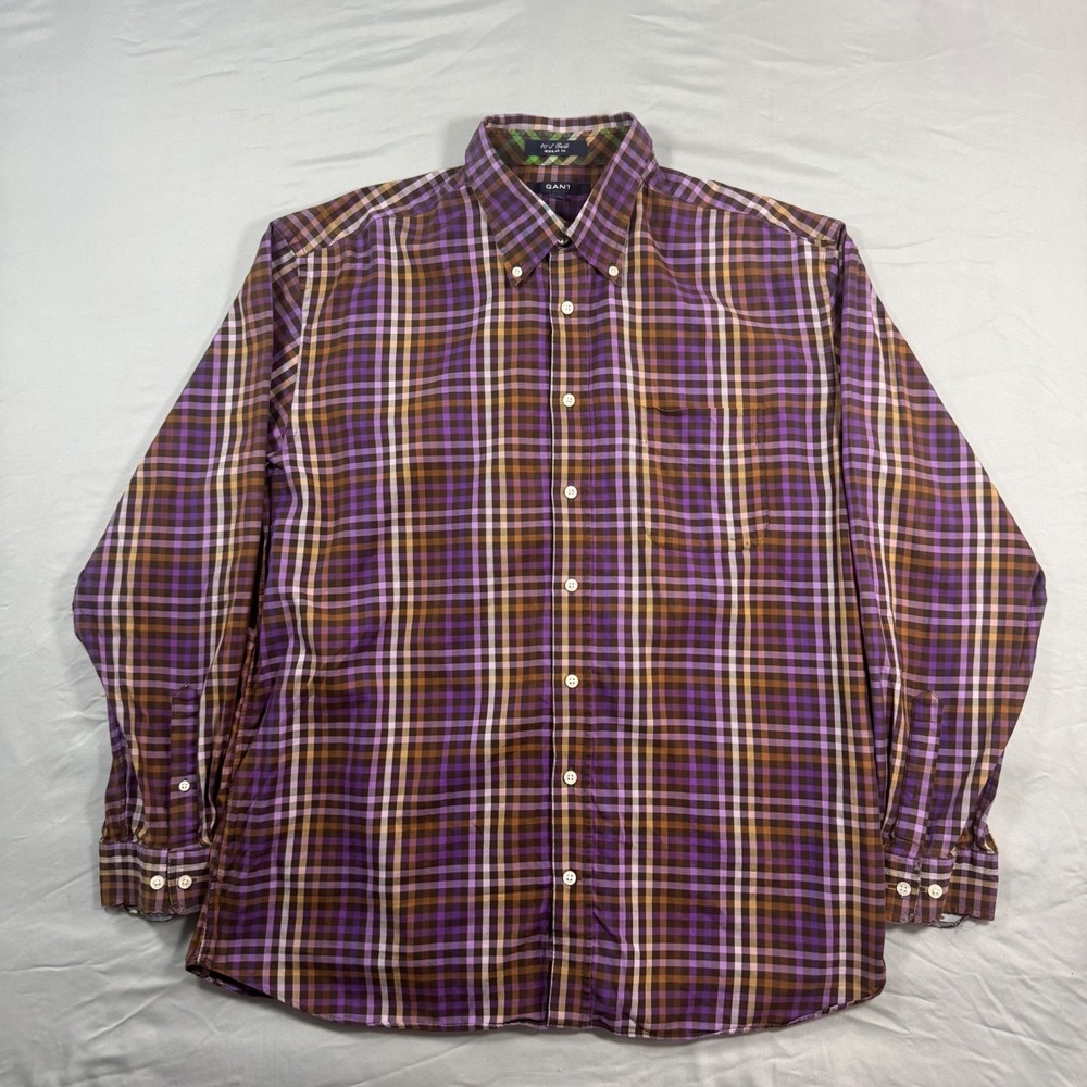 Gant 80's Twill Regular Fit Plaid Button Down Shirt Mens XL Purple Brown Cotton